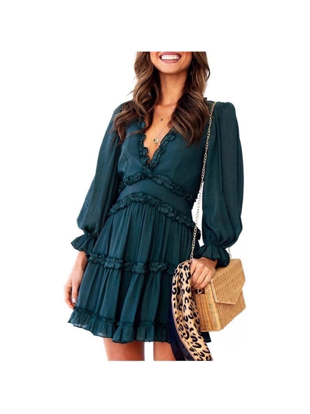 Deep Teal Ruffle Tiered Long-Sleeve Dress